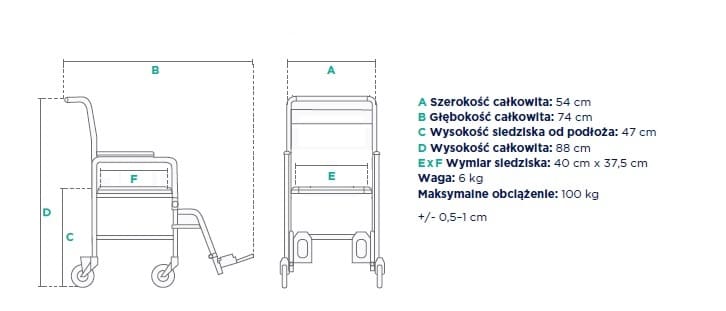 Schemat techniczny wózka inwalidzkiego z wymiarami i wagą, widok z boku i z przodu.