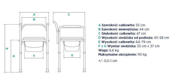 Wymiary krzesła: szerokość 55 cm, głębokość 47 cm, wysokość siedziska 43-58 cm, waga 6,6 kg, maksymalne obciążenie