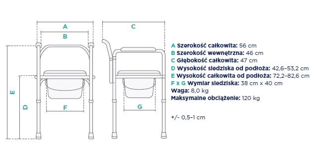 Wymiary krzesła: szerokość 56 cm, głębokość 47 cm, wysokość od podłogi 72-82,6 cm, waga 8 kg, maksymalne obciążen