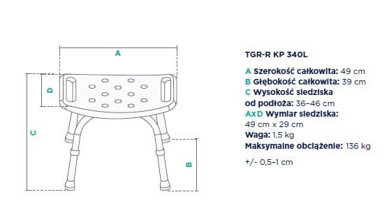 Siedzisko z otworami, dwa uchwyty boczne, wymiary: szerokość 49 cm, głębokość 39 cm, wysokość siedziska 36-46 cm, wag