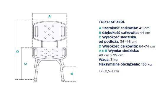 Wymiary i parametry techniczne krzesła z opisem: szerokość, głębokość, wysokość, wymiary siedziska, waga i maksymaln