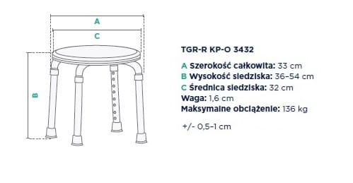 Schemat stołu z wymiarami: szerokość 33 cm, wysokość 36-54 cm, średnica 52 cm, waga 1,6 cm, maksymalne obciążenie 136