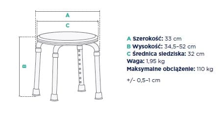Stolik z okrągłym blatem o średnicy 32 cm, wysokości 34,5-52 cm, z czterema regulowanymi nogami i wagą 1,95 kg.