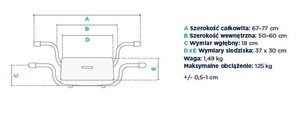 Schemat techniczny z wymiarami i wagą, przedstawiający element o szerokości 67-77 cm, głębokości 18 cm i wadze 1,49 kg.