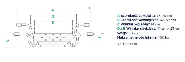 Schemat techniczny z wymiarami i wagą uchwytu na rower, podano szerokości, głębokość i maksymalne obciążenie.