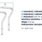 Schemat składanej laski inwalidzkiej z wymiarami: szerokość 53-63 cm, głębokość 47 cm, wysokość 64-74 cm, waga 0,4 k
