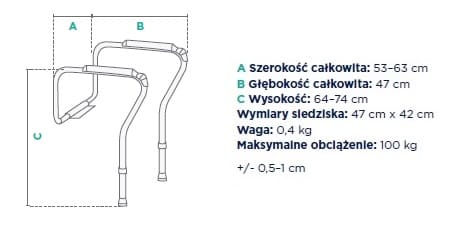 Schemat składanej laski inwalidzkiej z wymiarami: szerokość 53-63 cm, głębokość 47 cm, wysokość 64-74 cm, waga 0,4 k