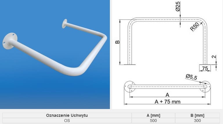 Uchwyt stalowy z dwoma mocowaniami, długość 500 mm, szerokość 300 mm, z zaokrąglonymi narożnikami R50.