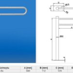 Stojak na rower z prostą pionową słupką, wygiętą rączką i podstawą, z rysunkiem technicznym i wymiarami.