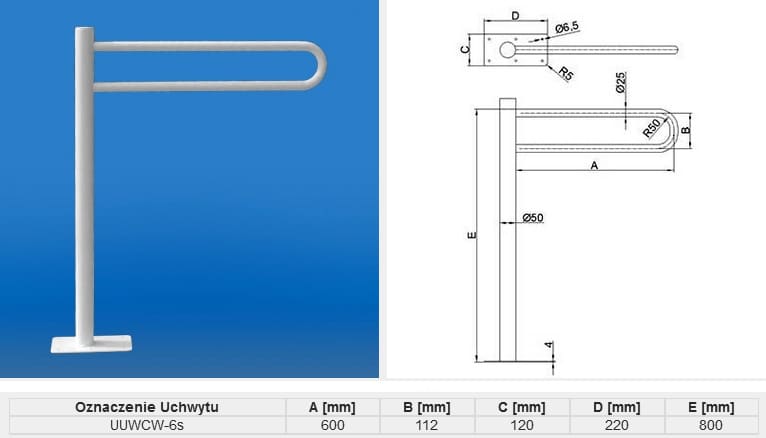 Stojak na rower z prostą pionową słupką, wygiętą rączką i podstawą, z rysunkiem technicznym i wymiarami.