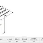 Schemat montażu z wymiarami: podpora, trzy deski, wymiary A, B, C, D, E, F, i długość nogi.