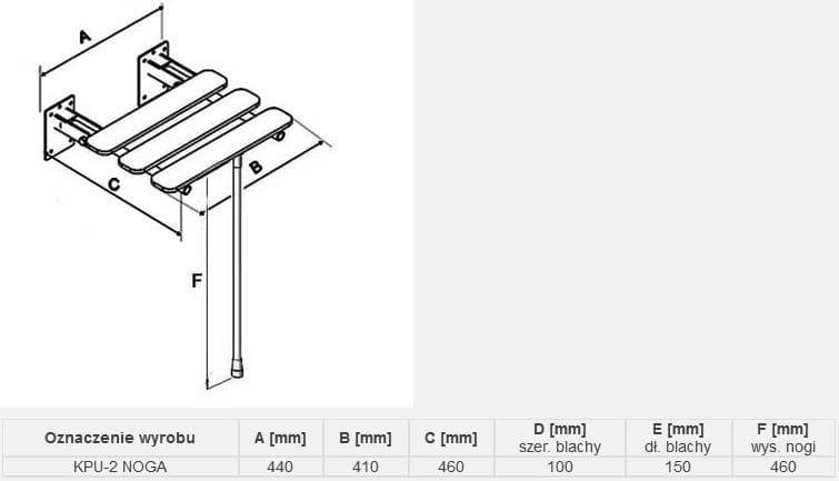 Mocowanie do ściany z trzema poziomymi listwami, podparta jedna pionowa noga, z wymiarami i oznaczeniami technicznymi.