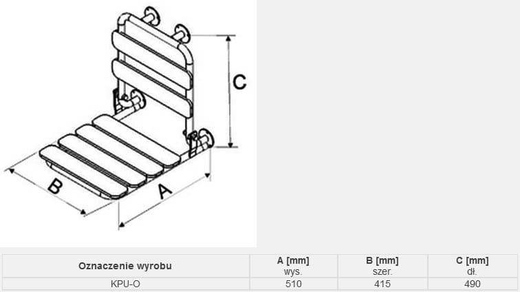 Siedzisko z oparciem z czterech desek, z wymiarami A=510 mm, B=415 mm, C=490 mm, przeznaczone do montażu na ścianie.