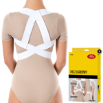 Orteza barkowa na plecach, z szerokimi białymi pasami, modelka z tyłu, obok opakowanie z opisem produktu.