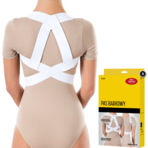 Orteza barkowa na plecach, z szerokimi białymi pasami, modelka z tyłu, obok opakowanie z opisem produktu.