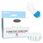 Elastyczna proteza na stopę z niebieskim elementem, w opakowaniu marki Corbby, przeznaczona do korekcji palców.