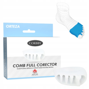 Elastyczna proteza na stopę z niebieskim elementem, w opakowaniu marki Corbby, przeznaczona do korekcji palców.