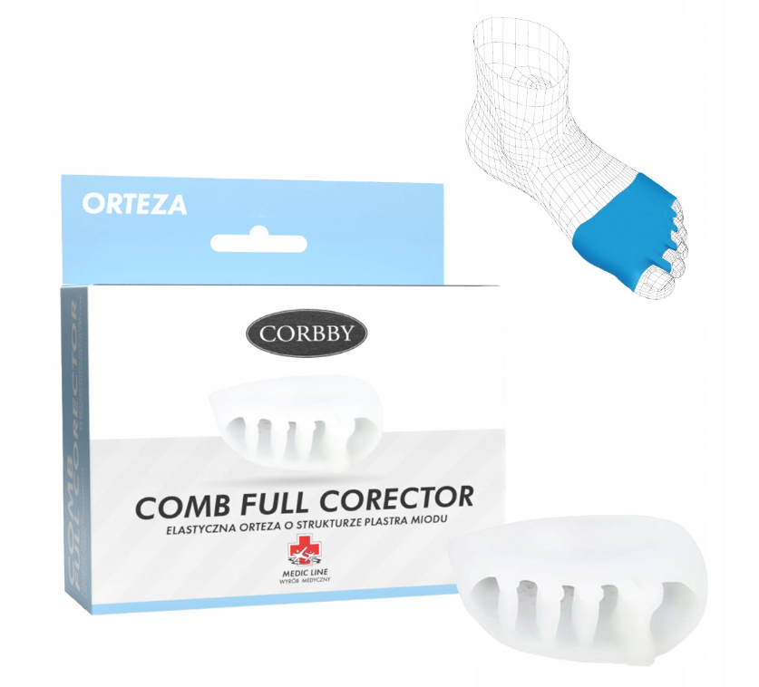 Elastyczna proteza na stopę z niebieskim elementem, w opakowaniu marki Corbby, przeznaczona do korekcji palców.