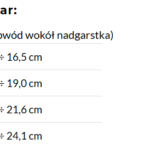 Tabela rozmiarów obwodu wokół nadgarstka: S 14,0–16,5 cm, M 16,5–19,0 cm, L 19,0–21,6 cm, XL 21,6–24,1 cm.