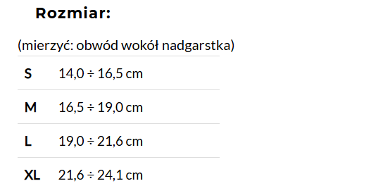 Tabela rozmiarów obwodu wokół nadgarstka: S 14,0–16,5 cm, M 16,5–19,0 cm, L 19,0–21,6 cm, XL 21,6–24,1 cm.