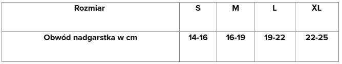 Tabela rozmiarów odzieży z obwodem nadgarstka w centymetrach dla rozmiarów S, M, L i XL.
