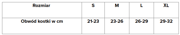 Tabela rozmiarów odzieży: S, M, L, XL z zakresami obwodu w centymetrach.