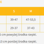 Tabela rozmiarów odzieży z wymiarami pasa i bioder dla rozmiarów S, M, L i XL.