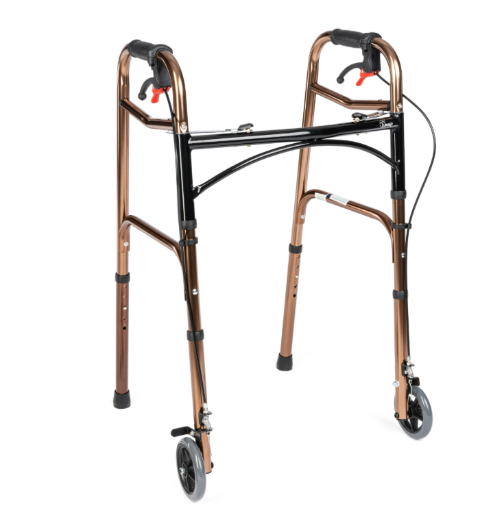 Laska inwalidzka z czarnymi uchwytami, czterema kółkami i regulowanymi wysokościami.