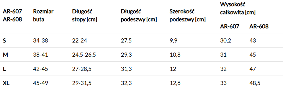 Tabela rozmiarów butów AR-607 i AR-608 z wymiarami, długościami, szerokościami i wysokościami w centymetrach.