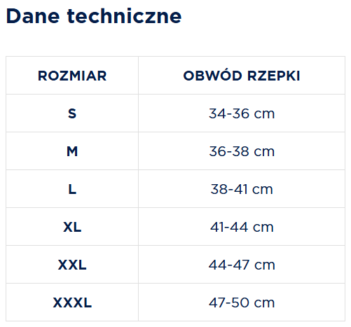 Tabela rozmiarów odzieży z zakresami obwodu rzepki dla rozmiarów S, M, L, XL, XXL i XXXL.