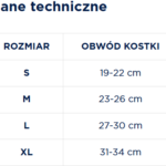 Tabela z rozmiarami odzieży i obwodami kostki: S, M, L, XL, od 19 do 34 cm.