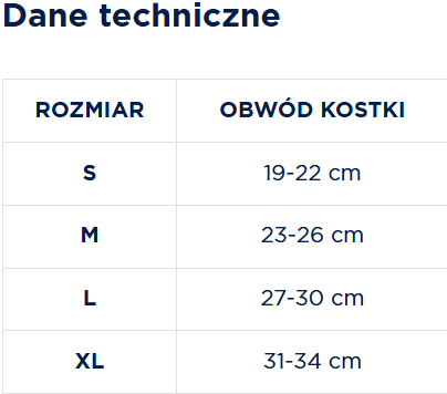 Tabela z rozmiarami odzieży i obwodami kostki: S, M, L, XL, od 19 do 34 cm.