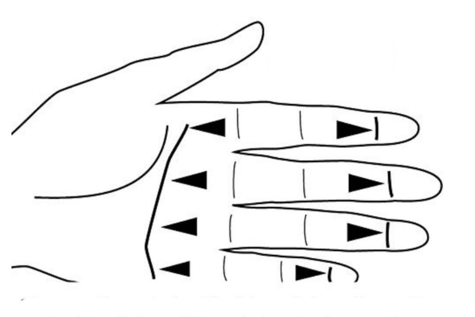 Dłoń z zaznaczonymi punktami akupresurowymi i strzałkami wskazującymi kierunek masażu.