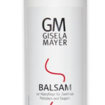 Biały butelka z czarnym napisem GM Gisela Mayer i słowem BALSAM, przeznaczony do pielęgnacji włosów peruk i toupetów.