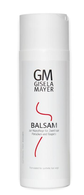 Biały butelka z czarnym napisem GM Gisela Mayer i słowem BALSAM, przeznaczony do pielęgnacji włosów peruk i toupetów.