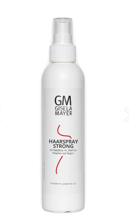 Spray do włosów dla kobiet i mężczyzn, mocny utrwalacz, w białej butelce z pompką i czarnym napisem.