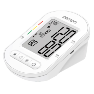 Elektroniczny ciśnieniomierz na nadgarstek z dużym wyświetlaczem pokazującym 120/80 mm Hg, czas i datę.