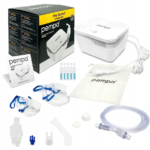 Przenośny inhalator z rurą, maskami, filtrami, instrukcją, zasilaczem i akcesoriami do terapii oddechowej.