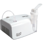 Przenośny inhalator z ustnikiem, wyświetlaczem i przewodem, służy do podawania leków w postaci aerozolu.