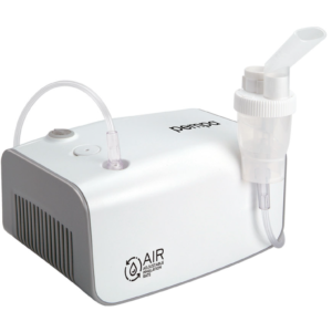 Przenośny inhalator z ustnikiem, wyświetlaczem i przewodem, służy do podawania leków w postaci aerozolu.