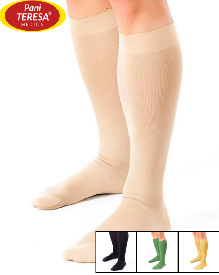 Długie, beżowe pończochy na nogach, z opcjami w czerni, zieleni i żółci.