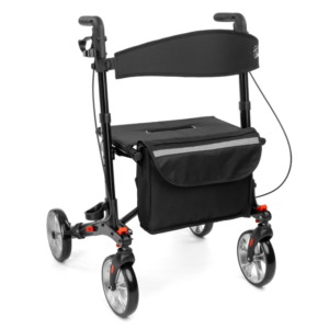 Lekki składany chodzik na kółkach z czarnym koszykiem i regulowanym oparciem, przeznaczony dla osób starszych lub niepeł