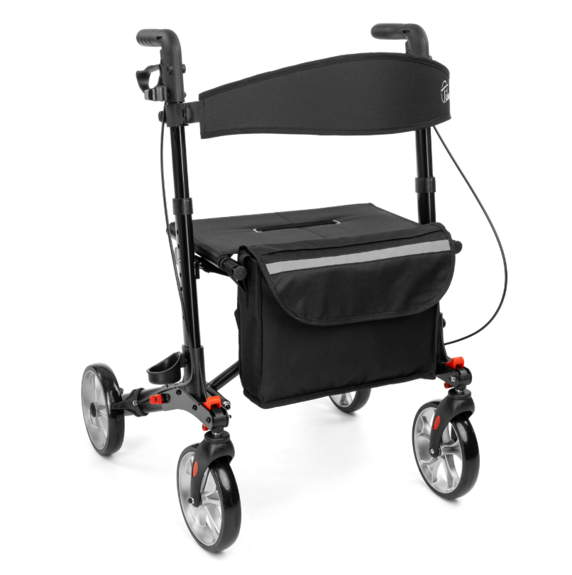 Lekki składany chodzik na kółkach z czarnym koszykiem i regulowanym oparciem, przeznaczony dla osób starszych lub niepeł