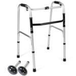 Laska inwalidzka z odłączonymi kółkami, składana, z aluminiową konstrukcją i czarnymi elementami, przeznaczona do chod