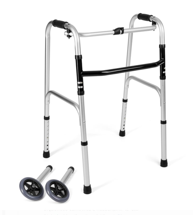 Laska inwalidzka z odłączonymi kółkami, składana, z aluminiową konstrukcją i czarnymi elementami, przeznaczona do chod