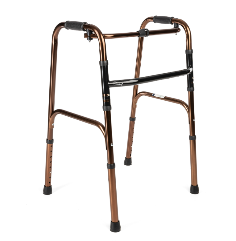 Laska inwalidzka z czarnymi uchwytami i regulowanymi stopami, wykonana z metalowego, brązowego i czarnego materiału.