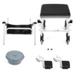 Zestaw do wstawania i poruszania się na wózku inwalidzkim, obejmuje podnóżek, siedzenie, dwa uchwyty i elementy mocujące