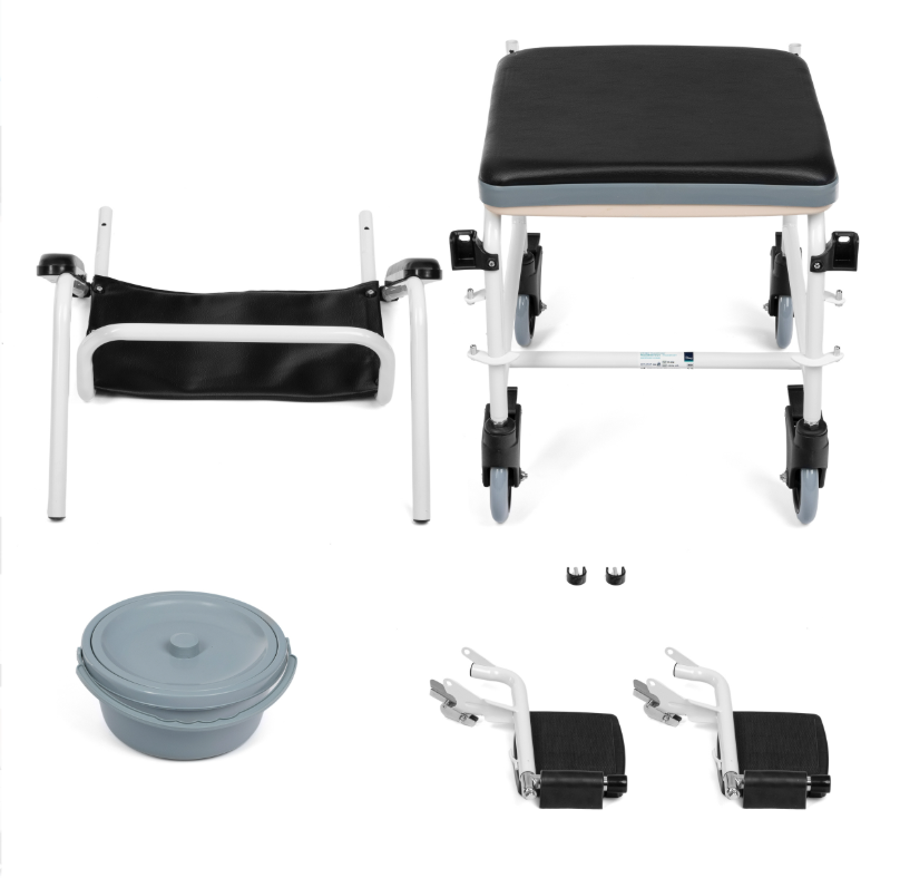 Zestaw do wstawania i poruszania się na wózku inwalidzkim, obejmuje podnóżek, siedzenie, dwa uchwyty i elementy mocujące