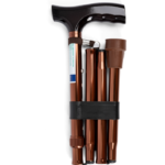 Laska, trzy składane kijki trekkingowe z czarnym uchwytem i brązowymi aluminiowymi rurkami, trzymane na czarnej taśmie.