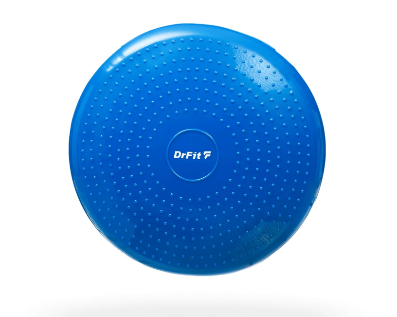 Niebieska piłka do ćwiczeń z wypukłymi wypustkami i logo DrFit na środku.